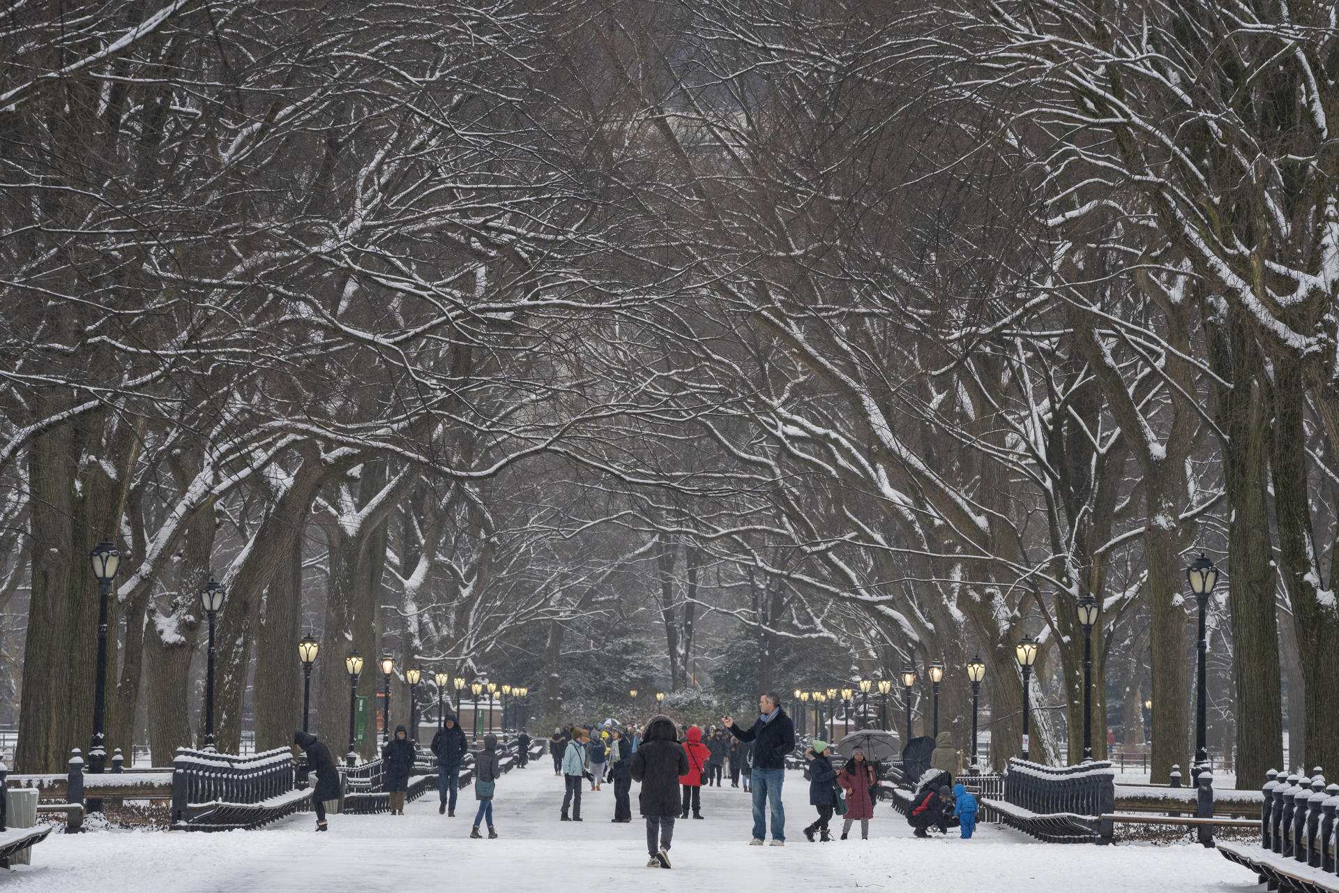 Decenas de personas caminan en la nieve durante la primera nevada de 2024 hoy, en Central Park en Nueva York (EE.UU.). EFE/ Ángel Colmenares
