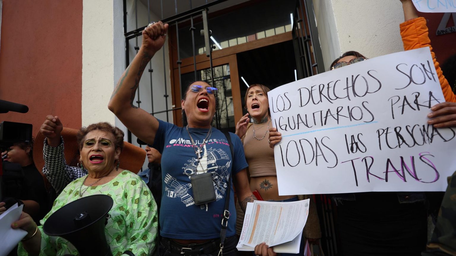 La activista y defensora de derechos humanos Kenya Cuevas (c) participa en una manifestación en las instalaciones de la Comisión Ejecutiva de Atención a Víctimas, hoy, en la Ciudad de México (México). EFE/ Sáshenka Gutiérrez