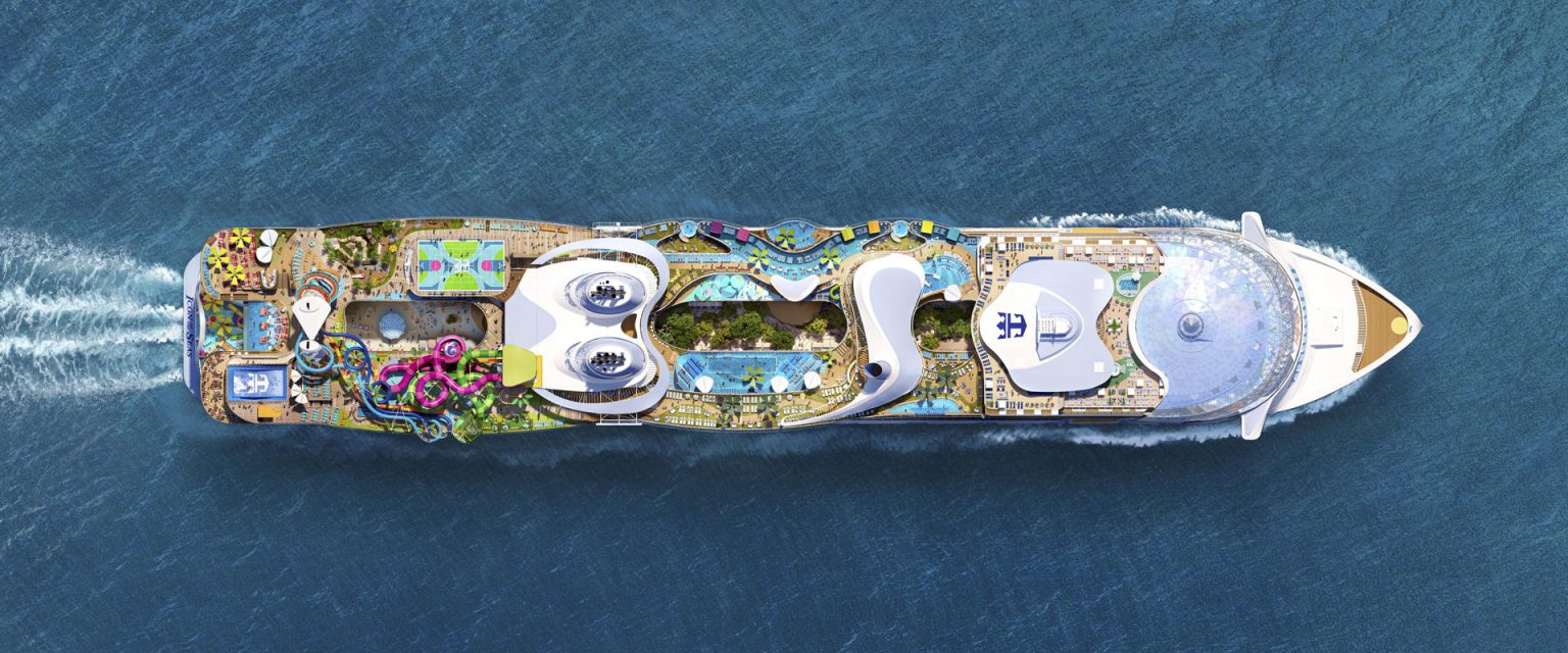 Fotografía cedida por Royal Caribbean donde se muestra una imagen conceptual de una vista aérea del crucero Icon of the Seas que operará desde Miami (Florida) a partir de enero de 2024. EFE/Royal Caribbean /SOLO USO EDITORIAL /NO VENTAS /SOLO DISPONIBLE PARA ILUSTRAR LA NOTICIA QUE ACOMPAÑA /CRÉDITO OBLIGATORIO