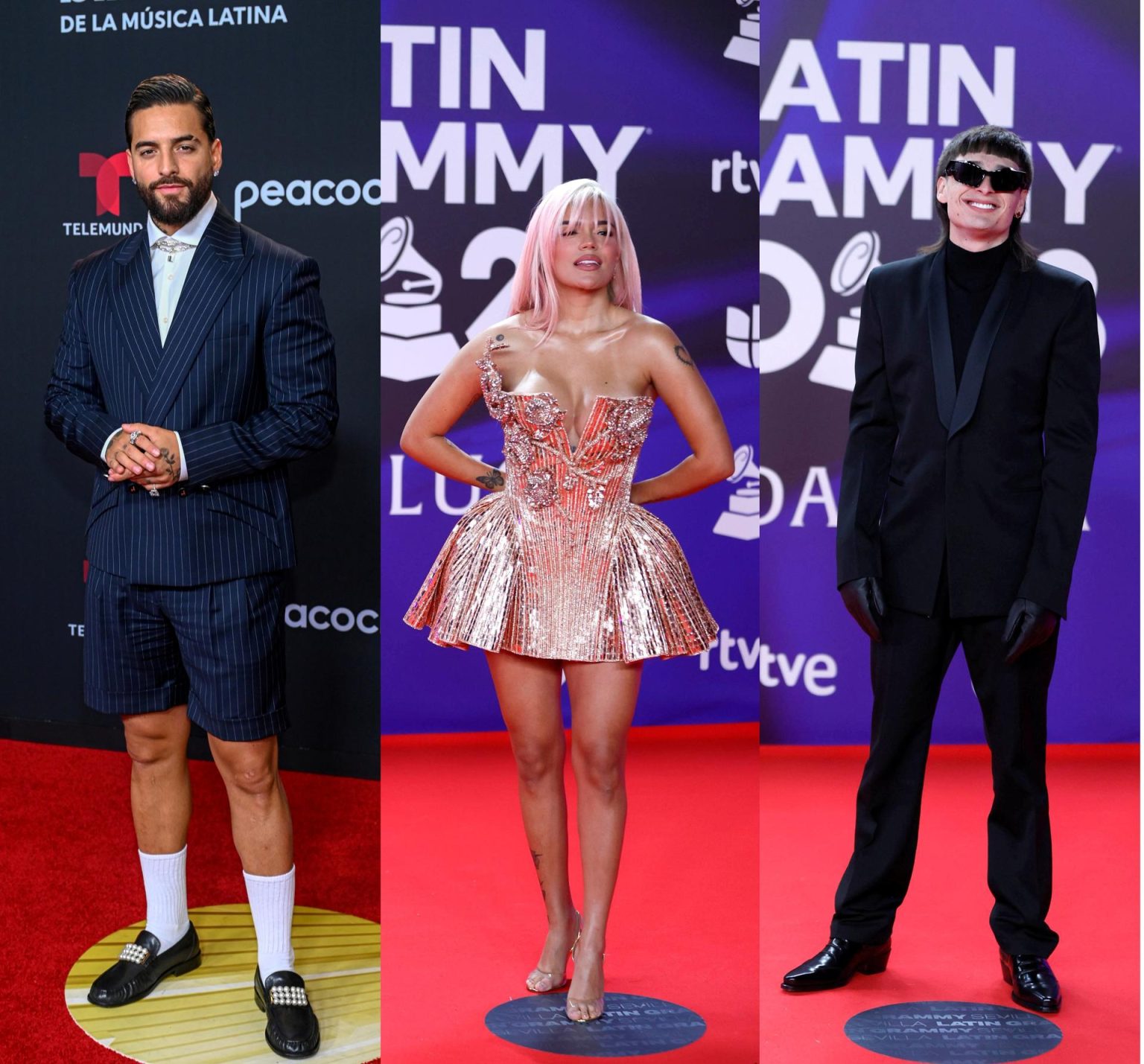 Composición de tres fotografía de archivo donde aparecen los cantantes Maluma, Karol G y Peso Pluma quienes junto a Grupo Frontera y Feid que encabezan la lista de los nominados al Premio Lo Nuestro 2024. EFE