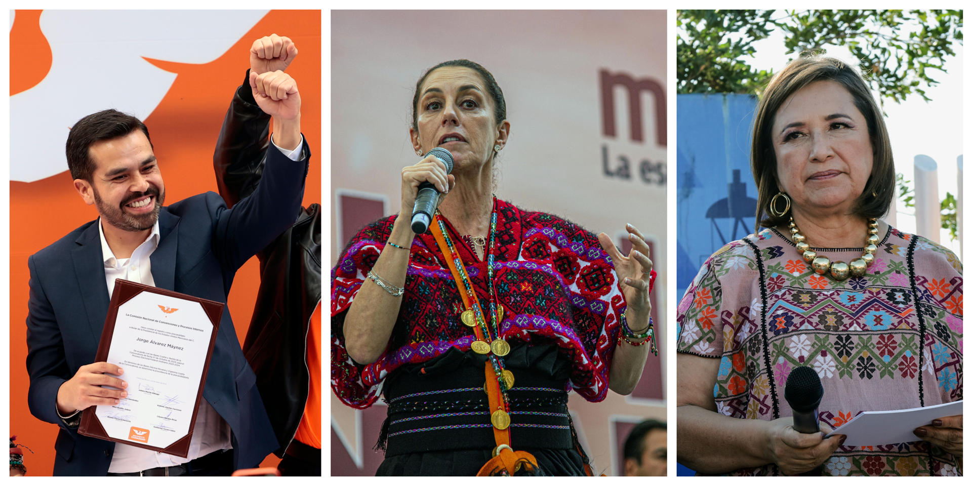 Combo de fotografías de archivo donde se observa a los candidatos a la presidencia de México, por el partido Movimiento Ciudadano (MC) Jorge Álvarez Máynez (i), Claudia Sheinbaum (c), por el oficialista Movimiento de Regeneración Nacional (Morena), y a Xochitl Gálvez (d), por el Frente Amplio por México, durante actos de campaña en la Ciudad de México (México). 
Los tres aspirantes presidenciales en México cierran sus precampañas este jueves con el calendario fijado por el Instituto Nacional Electoral (INE), que paraliza los actos proselitistas hasta el 1 de marzo, y con la candidata del oficialista Movimiento Regeneración Nacional (Morena), Claudia Sheinbaum, como favorita en las encuestas. EFE/José Méndez/Carlos López/Joebeth Terríquez
