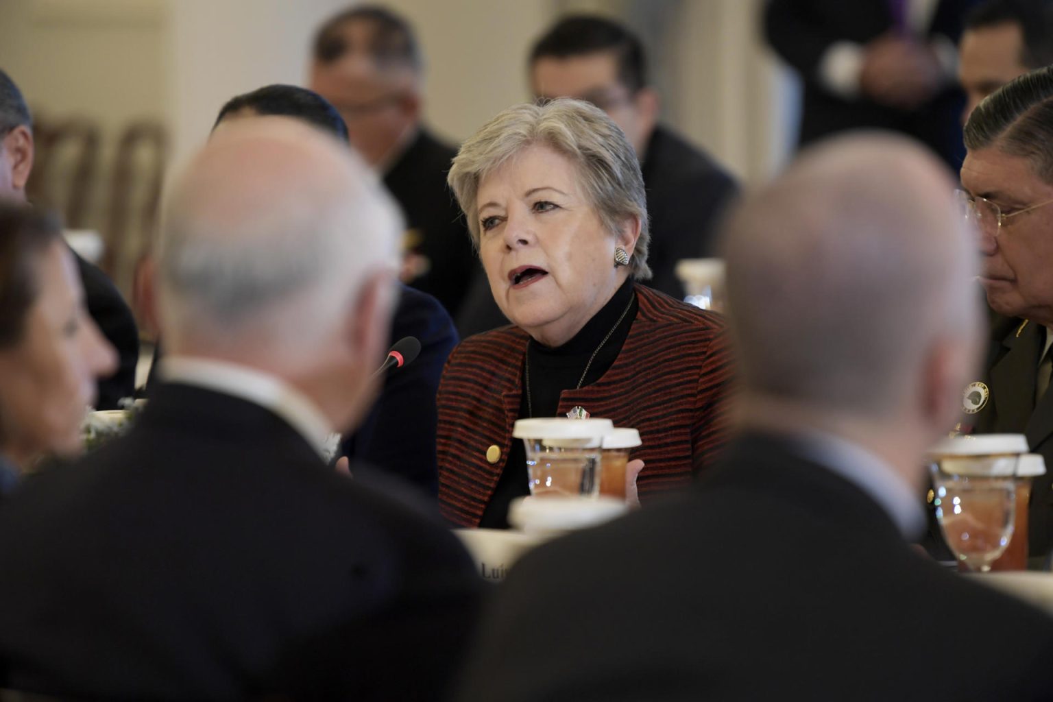 La canciller de México, Alicia Bárcena, habla durante la primera ronda de conversaciones sobre la crisis migratoria en la frontera sur de Estados Unidos, hoy en el salón Benjamin Franklin del Departamento de Estado en Washington (EEUU). EFE/Lenin Nolly