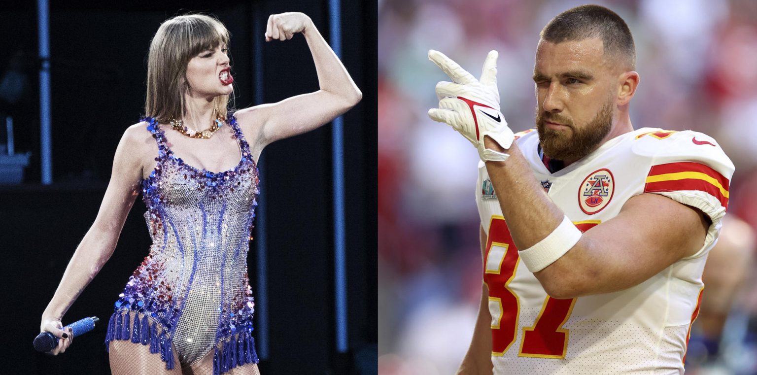 Combo de un par de fotografías de archivo en las que aparecen la cantante estadounidense Taylor Swift (i) y Travis Kelce, jugador de los Chiefs de la NFL. El romance entre la cantante y Kelce, una de las principales figuras del equipo de Kansas City, ha sido una de las grandes historias de la NFL esta temporada. EFE