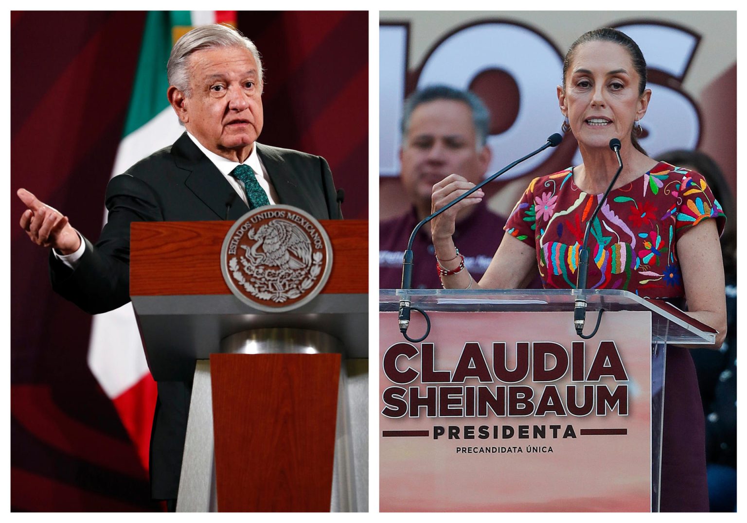 Combo de fotografías de archivo que muestran al mandatario mexicano Andrés Manuel López Obrador (i) y a la candidata a la Presidencia de México por el oficialista Movimiento de Regeneración Nacional (Morena), Claudia Sheinbaum, en la Ciudad de México (México). EFE/ José Méndez/Isaac Esquivel