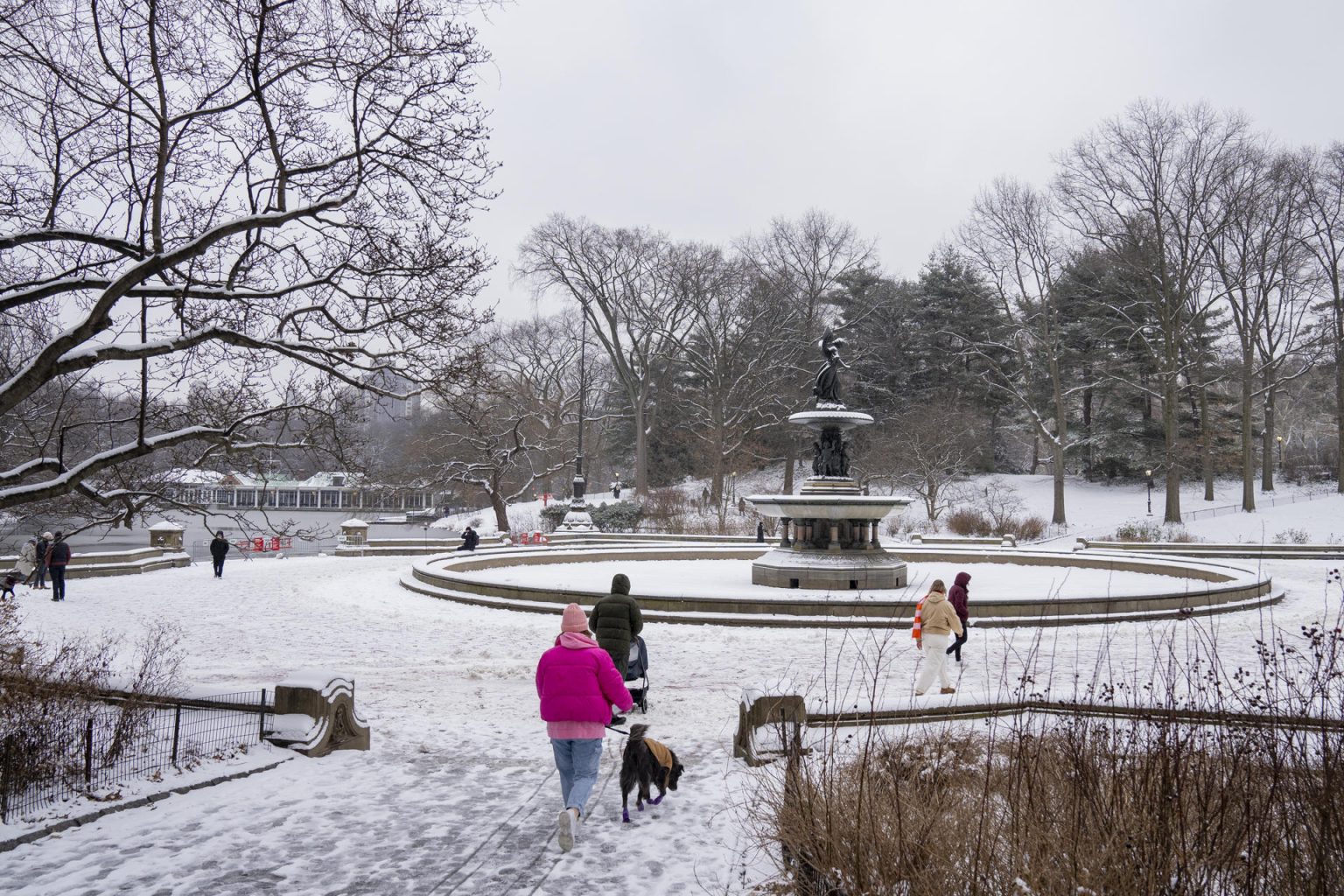 Fotografía de archivo de unas personas que caminan frente a una fuente congelada durante la primera nevada del 2024 en el icónico Central Park en Nueva York. EFE/Ángel Colmenares