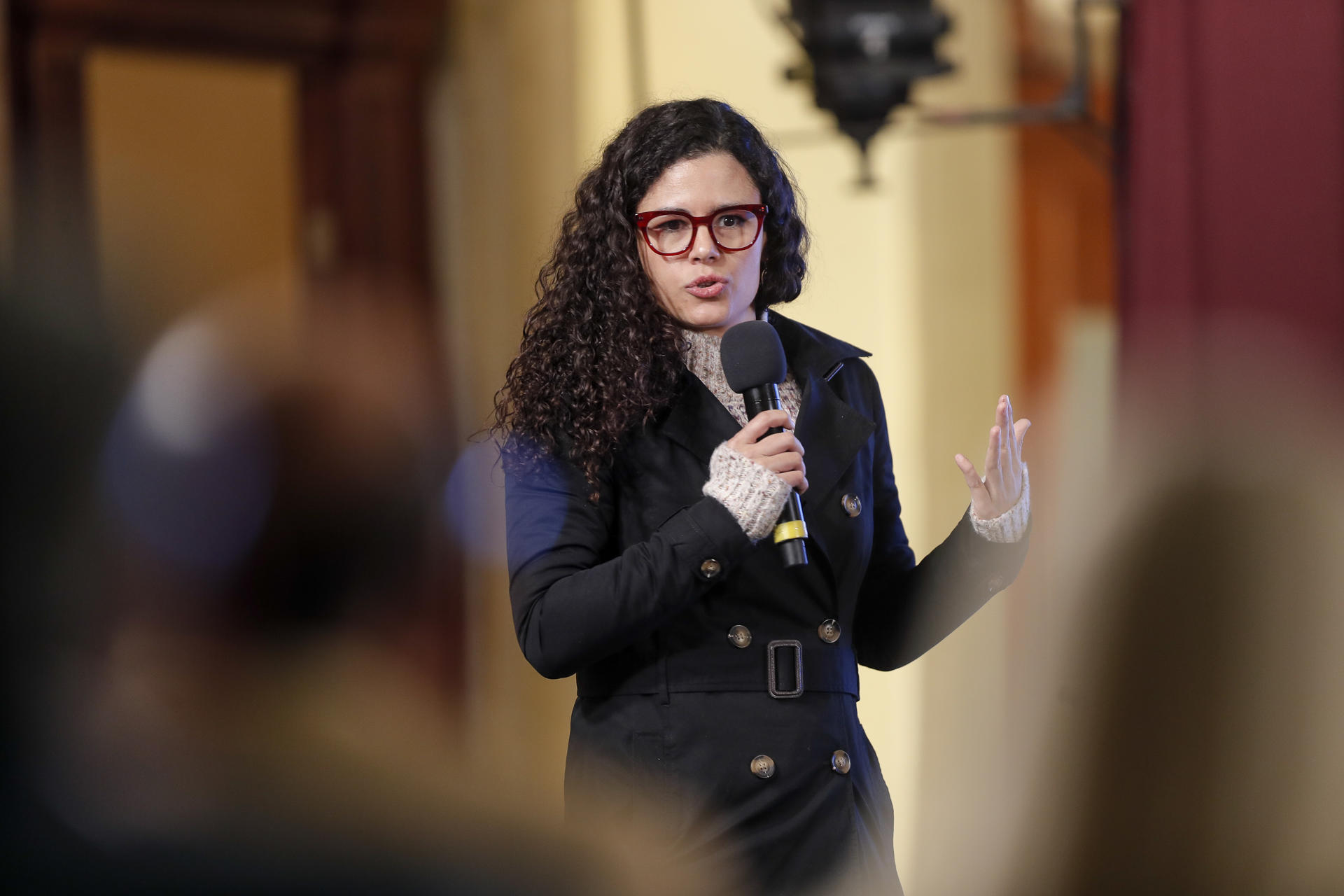 La secretaria de Gobernación, Luisa María Alcalde, participa hoy en la conferencia matutina del presidente Andrés Manuel López Obrador en Palacio Nacional en la Ciudad de México. (México). EFE/ Isaac Esquivel
