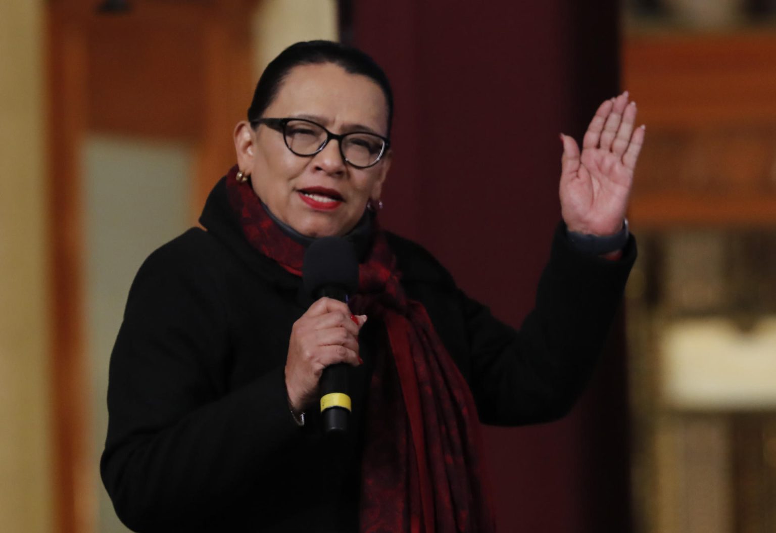 La Titular de la Secretaría de Seguridad y Protección Ciudadana, Rosa Icela Rodríguez, habla durante una conferencia de prensa matutina del presidente de México, Andrés Manuel López Obrador, este martes en Palacio Nacional de la Ciudad de México (México). EFE/ Mario Guzmán