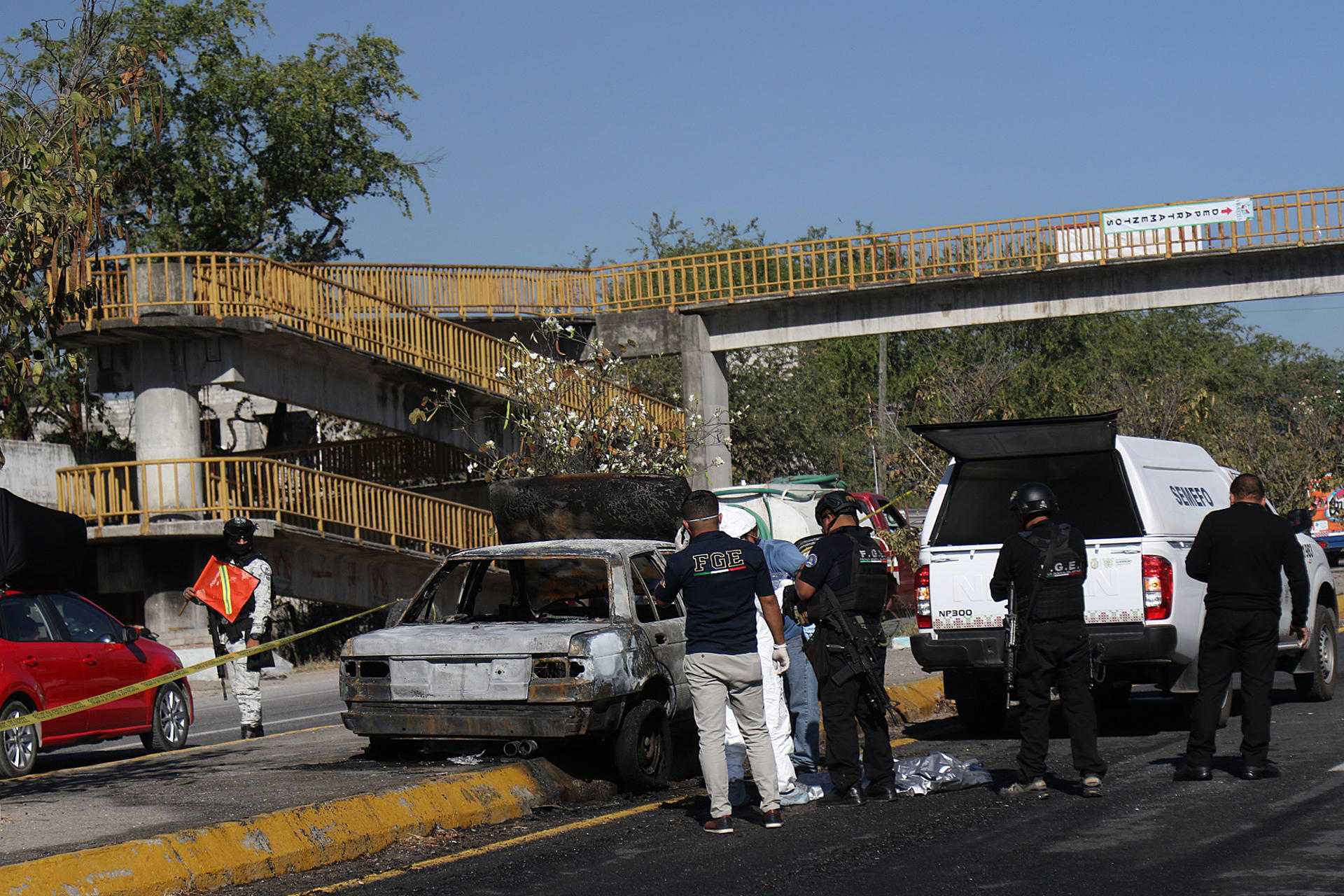 Policías de la fiscalía del estado de Guerrero resguardan la zona donde fue asesinado un taxista hoy, en el municipio de Chilpancingo en el estado de Guerrero (México). EFE/José Luis de la Cruz
