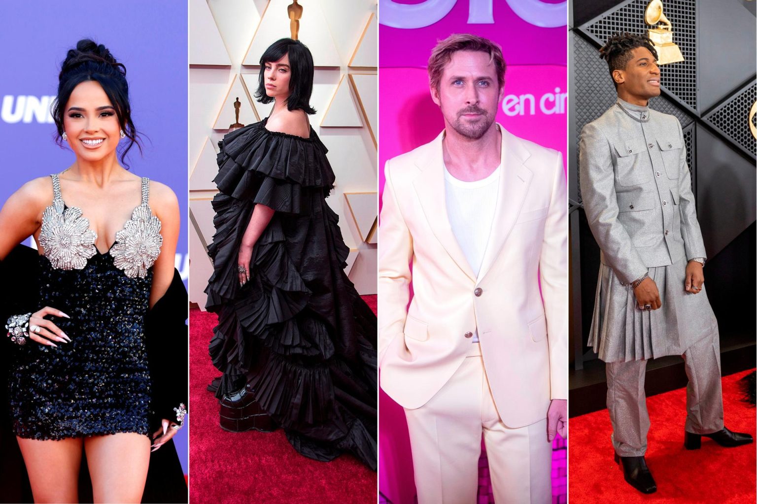 Composición de cuatro fotografías de archivo donde aparecen, desde la izquierda, las cantantes estadounidenses Becky G y Billie Eilish, el actor canadiense Ryan Gosling y el cantante estadounidense Jon Batiste. EFE