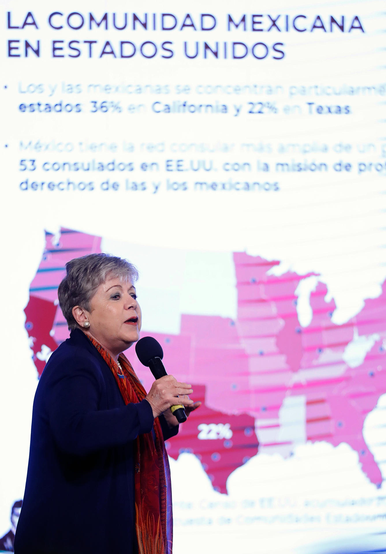 La secretaria de Relaciones Exteriores Alicia Bárcena, habla este lunes durante una conferencia de prensa matutina en el Palacio Nacional en la Ciudad de México (México). EFE/Sáshenka Gutiérrez
