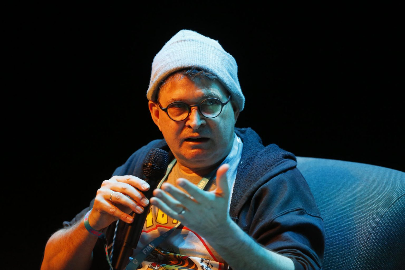 El productor estadounidense Steve Albini participa en un conversatorio este jueves en el marco del Festival Internacional de la Música (FIM), en el Conjunto Santander de Artes Escénicas de Guadalajara (México). EFE/ Francisco Guasco