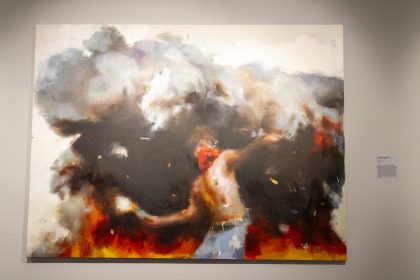Fotografía de la obra 'Battle for Area X' del artista Jerome Lagarrigue, perteneciente a la colección de arte de la cantante Alicia Keys y su marido el productor Swizz Beatz, titulada 'Giants' ('Gigantes'), hoy, en el Museo de Brooklyn en Nueva York (Estados Unidos). EFE/ Ángel Colmenares