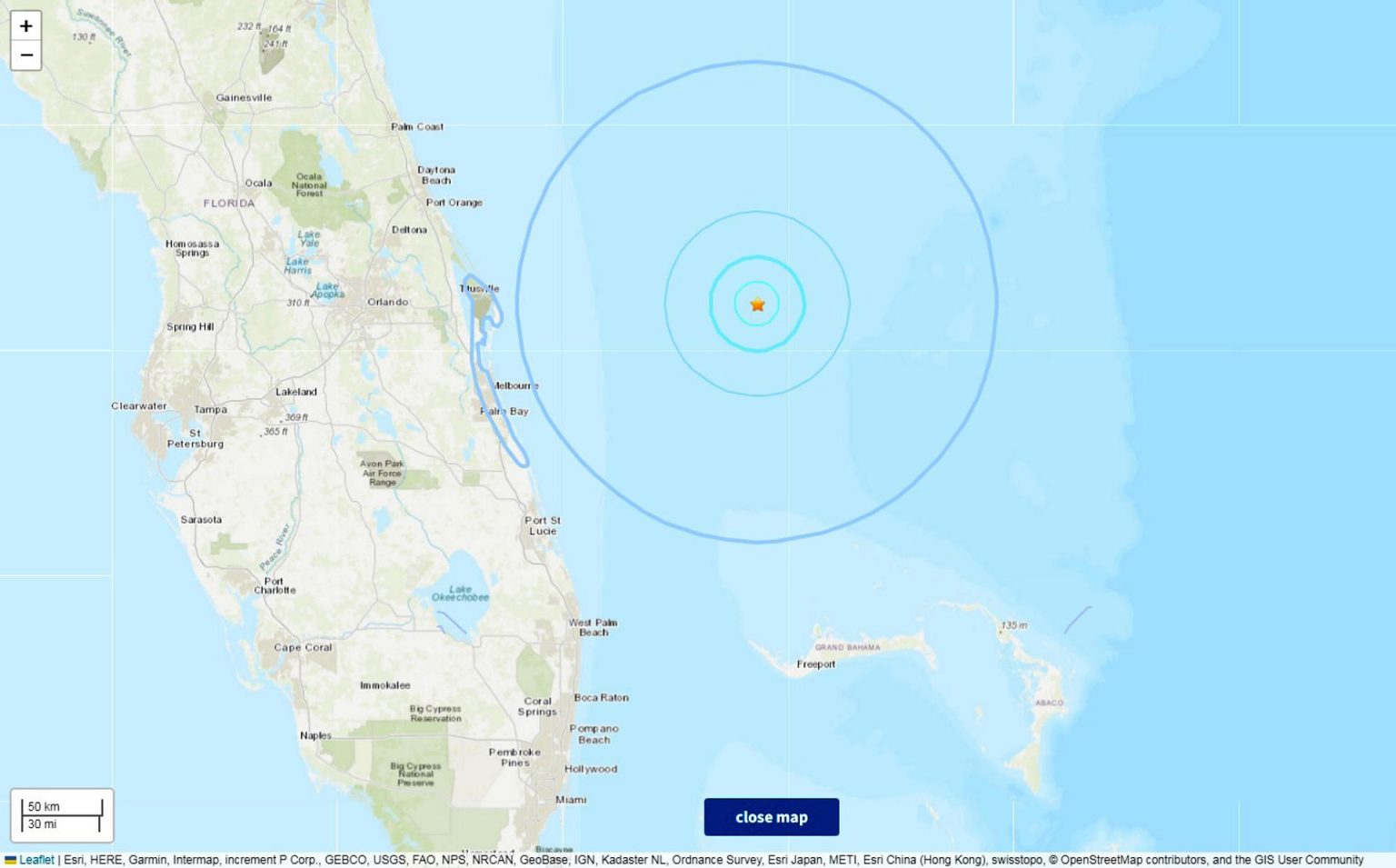 Captura de la página de medición del Servicio Geológico de EStados Unidos (USGS) donde se muestra la localización del raro sismo de magnitud 4,0 que se registró en la noche del miércoles a unos 163 kilómetros de Cabo Cañaveral, en la costa este de Florida, sin que se produjeran daños. EFE/USGS /SOLO USO EDITORIAL /NO VENTAS /SOLO DISPONIBLE PARA ILUSTRAR LA NOTICIA QUE ACOMPAÑA /CRÉDITO OBLIGATORIO