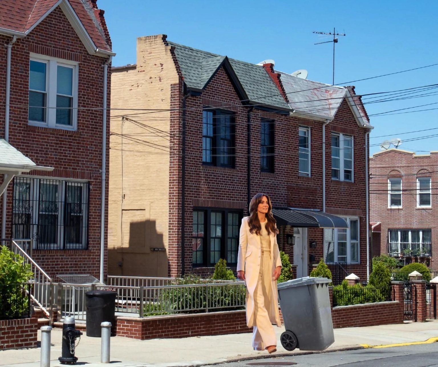 Fotografía publicada este martes por el Departamento de Higiene de Nueva York en su cuenta de X donde se aprecia un fotomontaje donde aparece la princesa de Gales, Kate Middleton, junto a un cubo de la basura frente a una casa típica de Nueva York. EFE/Departamento de Higiene NY /SOLO USO EDITORIAL /NO VENTAS /SOLO DISPONIBLE PARA ILUSTRAR LA NOTICIA QUE ACOMPAÑA /CRÉDITO OBLIGATORIO