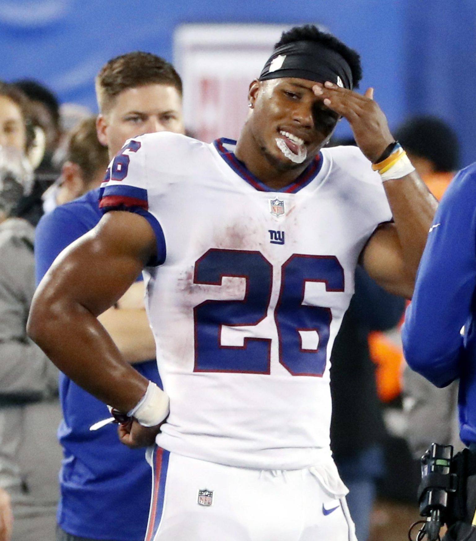 Fotografía de archivo del excorredor de los New York Giants, Saquon Barkley. EFE/Jason Szenes