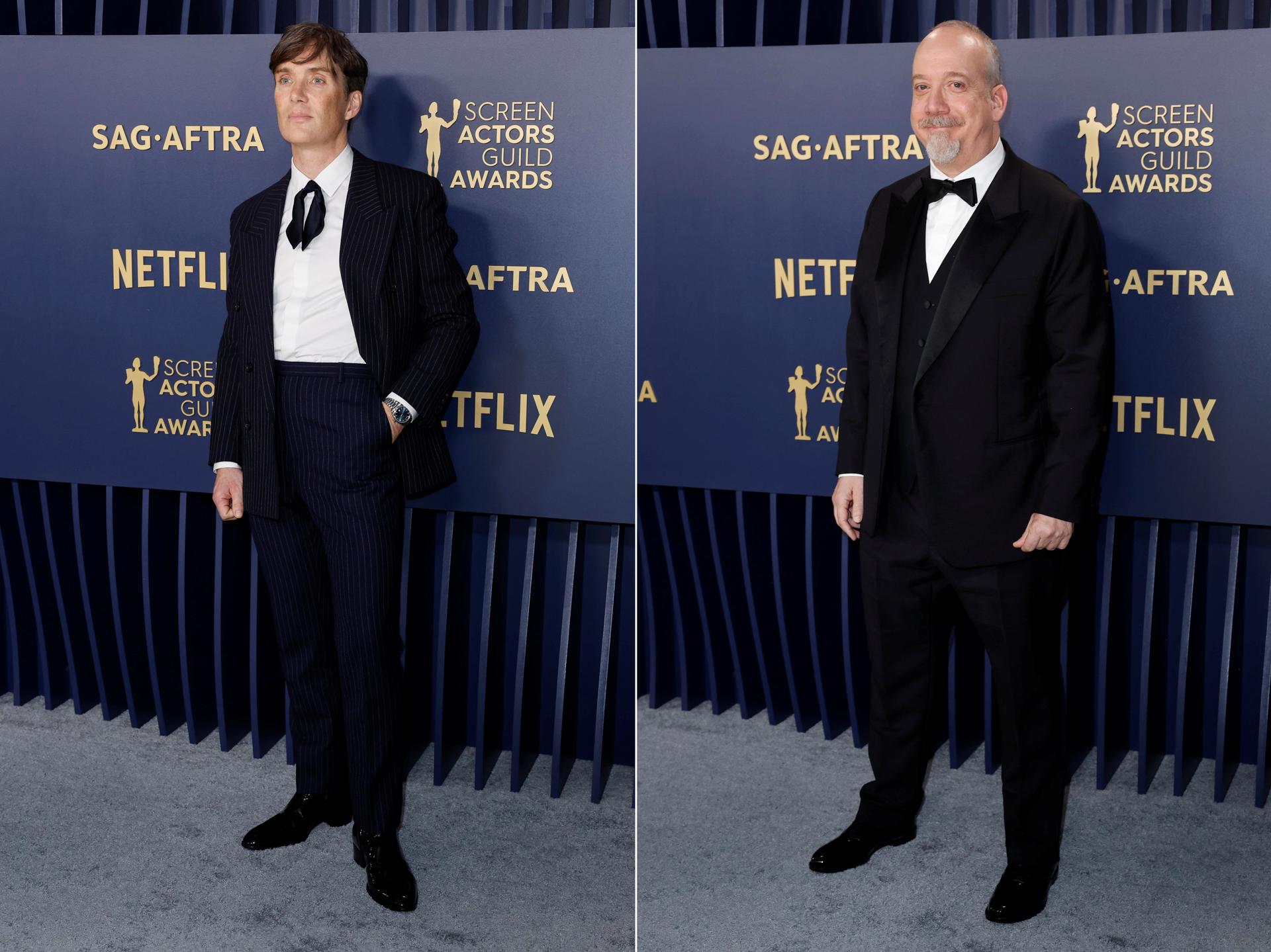 Composición de dos fotografías de archivo del 24 de febrero de 2024 donde aparecen los actores Cillian Murphy (i) y Paul Giamatti (d) durante la alfombra de la 30 edición anual de los Premios Screen Actors Guild, celebrados en el Shrine Auditorium & Expo Hall de Los Ángeles, California (EE.UU.). EFE/ Caroline Brehman
