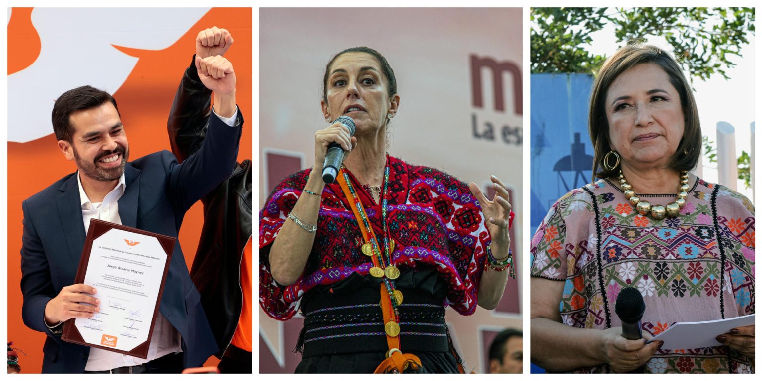 Combo de fotografías de archivo que muestra, desde la izquierda, a los candidatos a la Presidencia de México: Jorge Álvarez Máynez, por el partido Movimiento Ciudadano (MC); Claudia Sheinbaum, por el oficialista Movimiento de Regeneración Nacional (Morena), y Xochitl Gálvez, por el Frente Amplio por México, durante diferentes actos de campaña, en la Ciudad de México (México).  EFE