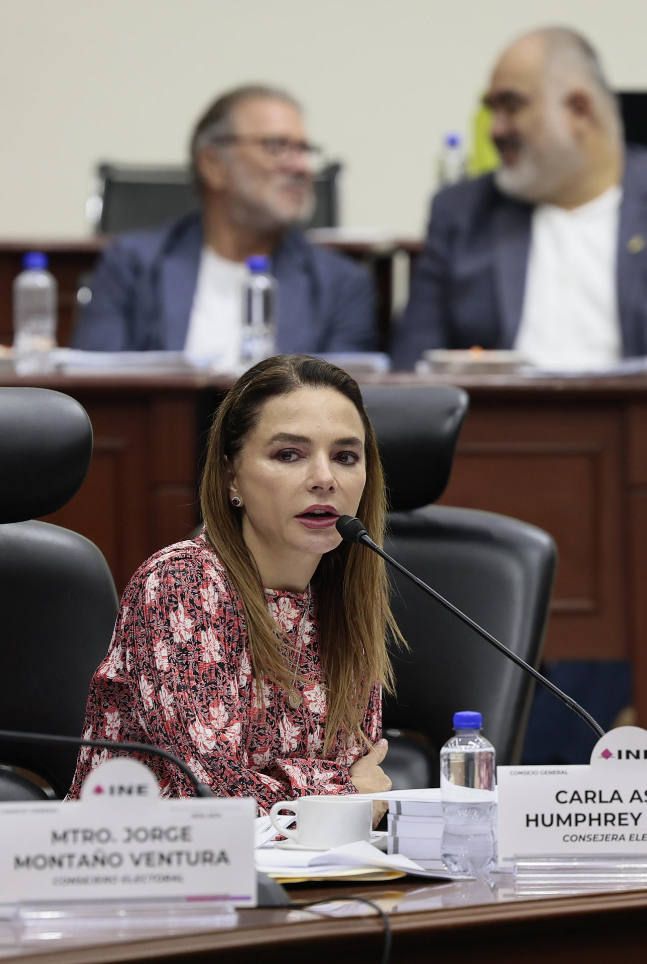 La consejera del Instituto Nacional Electoral (INE), Carla Humphrey, participa durante una sesión de ese Instituto celebrada este miércoles en Ciudad de México (México). EFE/José Méndez
