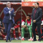 Combo de dos fotografías donde se ven los entrenadores argentinos Gustavo Alfaro y Néstor Lorenzo. Alfaro y Lorenzo, de Costa Rica y Colombia. EPA-EFE/ LESLIE PLAZA JOHNSON/CAROLINE BREHMAN