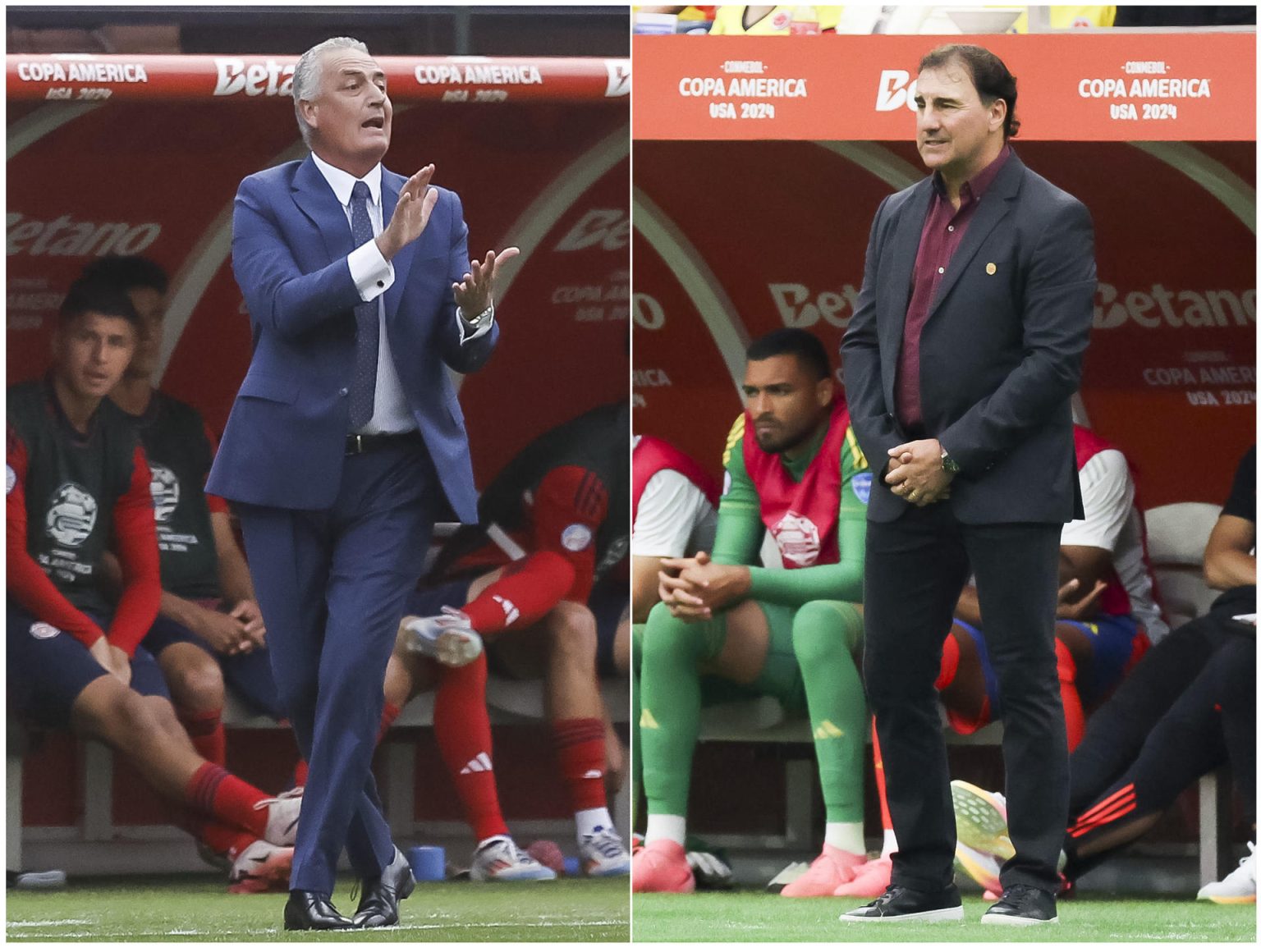 Combo de dos fotografías donde se ven los entrenadores argentinos Gustavo Alfaro y Néstor Lorenzo. Alfaro y Lorenzo, de Costa Rica y Colombia. EPA-EFE/ LESLIE PLAZA JOHNSON/CAROLINE BREHMAN