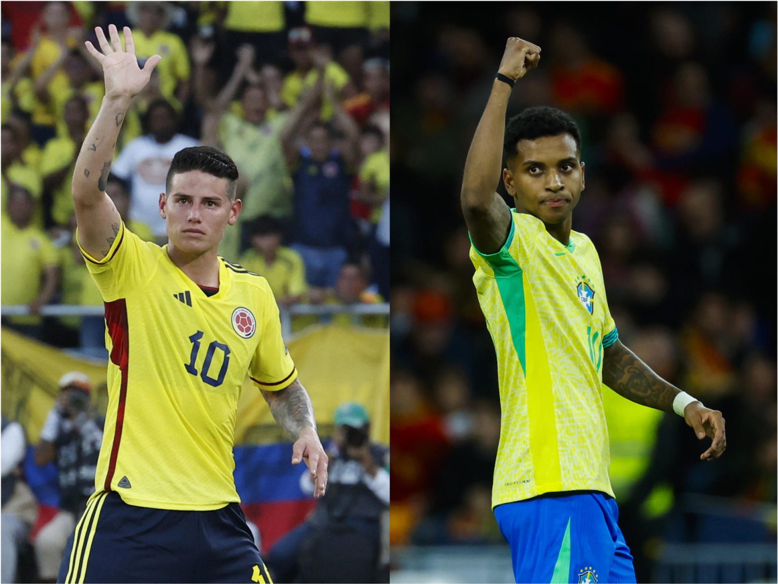 Combo de dos fotografías de archivo de los jugadores el colombiano James Rodríguez (i) y el brasileño Rodrygo.. EFE/ ARCHIVO