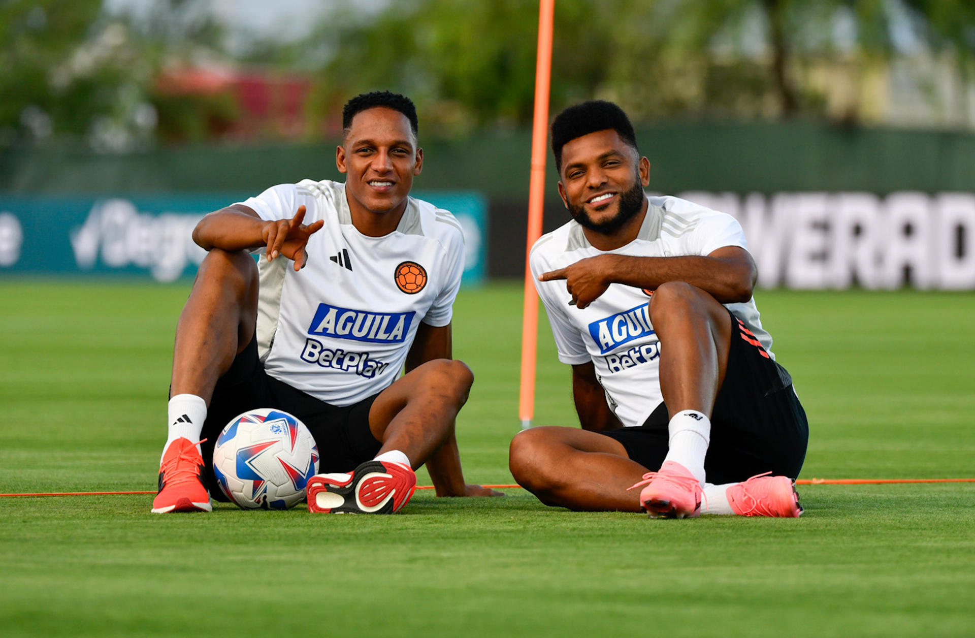 Fotografía cedida por la Federación Colombiana de Fútbol (FCF) de los jugadores Yerry Mina (i) y Miguel Borja durante un entrenamiento de la selección Colombia de mayores en Glendale (Az, EE.UU.). EFE/ FCF/Solo uso editorial
