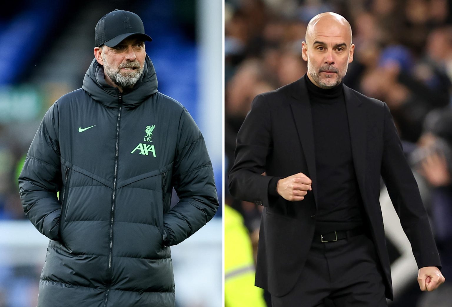 Combo de fotografías de archivo compuesto por el alemán Juergen Klopp (i) y el español Pep Guardiola (d), los entrenadores de fútbol con los que sueña la selección nacional masculina de fútbol de Estados Unidos, tras su eliminación en la Copa América 2024. EFE