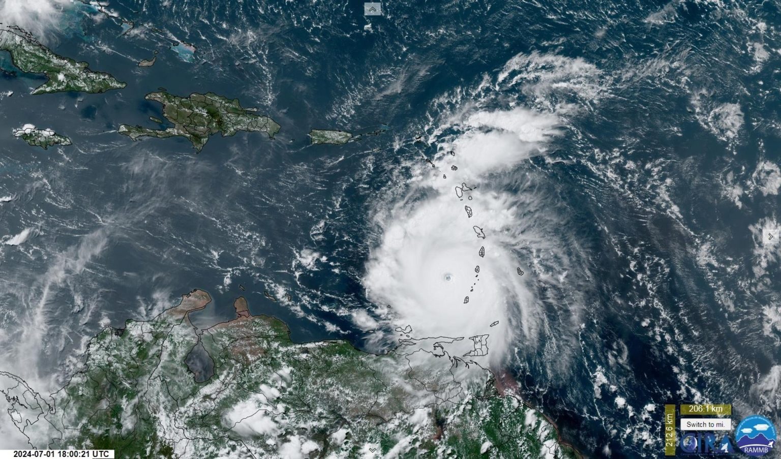 Captura de una imagen satelital de la Subdivisión de Meteorología Regional y de Mesoescala (RAMMB) y del Instituto Cooperativo para la Investigación Atmosférica (CIRA) de la Universidad Estatal de Colorado (CSU) donde se muestra una vista del ojo del huracán Beryl durante su paso por el Caribe. EFE/ RAMMB/CIRA/CSU /SOLO USO EDITORIAL /NO VENTAS /SOLO DISPONIBLE PARA ILUSTRAR LA NOTICIA QUE ACOMPAÑA /CRÉDITO OBLIGATORIO