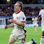 Jacob Shaffelburg (i) de Canadá reacciona después de marcar el gol en la Copa América 2024. EFE/EPA/KEVIN JAIRAJ