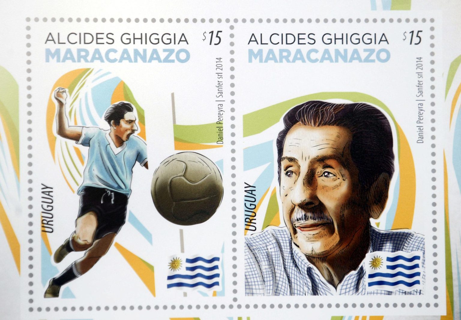 Imagen de archivo de la hoja filatélica 'Maracanazo' con la imagen del último sobreviviente la Copa del Mundo obtenida por Uruguay en 1950: Alcides Ghiggia. EFE/Iván Franco