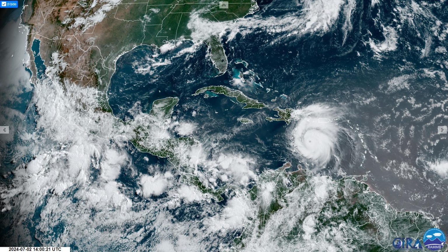 Captura de una imagen satelital de la Subdivisión de Meteorología Regional y de Mesoescala (RAMMB) y del Instituto Cooperativo para la Investigación Atmosférica (CIRA) de la Universidad Estatal de Colorado (CSU) este martes donde se muestra una vista del ojo del huracán Beryl durante su paso por el Caribe. EFE/ RAMMB/CIRA/CSU /SOLO USO EDITORIAL /NO VENTAS /SOLO DISPONIBLE PARA ILUSTRAR LA NOTICIA QUE ACOMPAÑA /CRÉDITO OBLIGATORIO