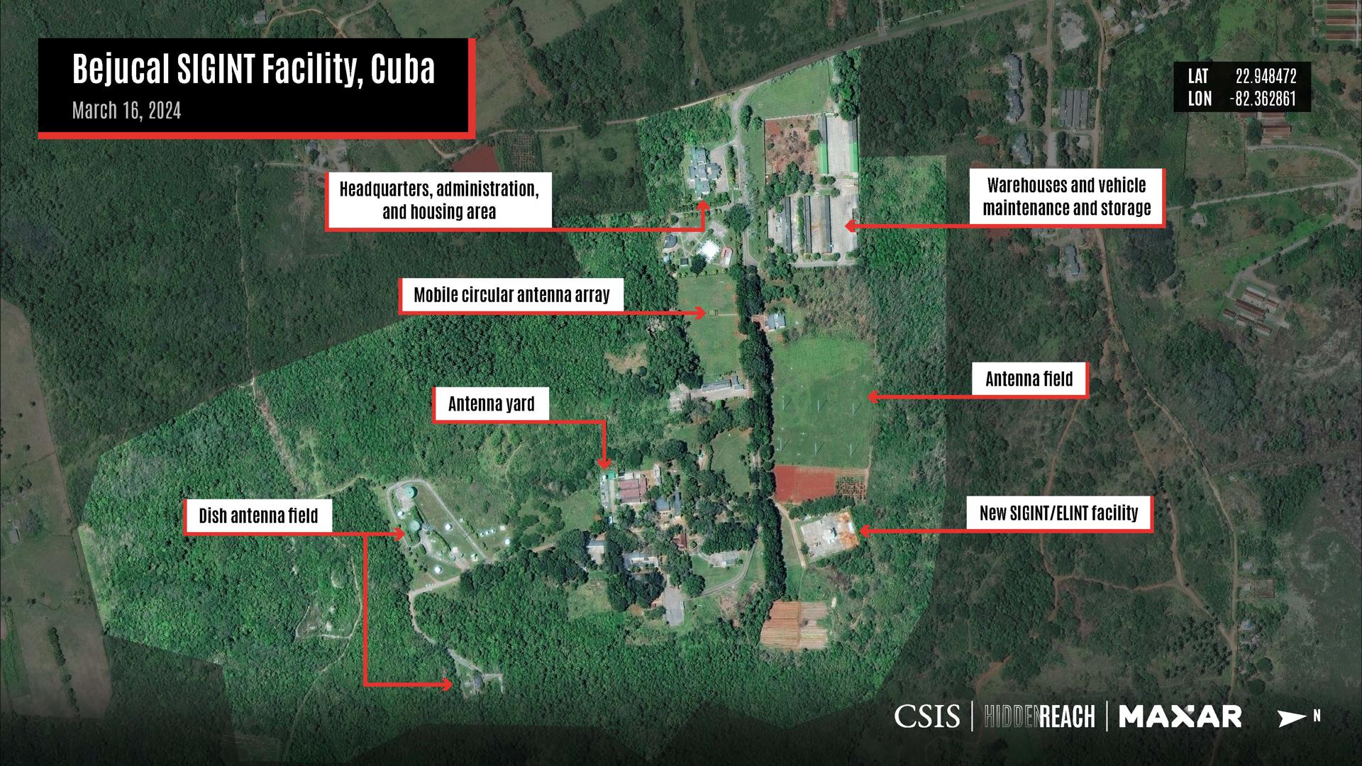 Captura de un documento del Centro de Estudios Estratégicos e Internacionales (CSIS) donde se muestra una imagen satelital de unas instalaciones de espionaje electrónico en el pueblo de Bejucal ubicado en la provincia de Mayabeque en Cuba. EFE/ CSIS/HIDDEN REACH/MAXAR /SOLO USO EDITORIAL /NO VENTAS /SOLO DISPONIBLE PARA ILUSTRAR LA NOTICIA QUE ACOMPAÑA /CRÉDITO OBLIGATORIO A CSIS/HIDDEN REACH/MAXAR
