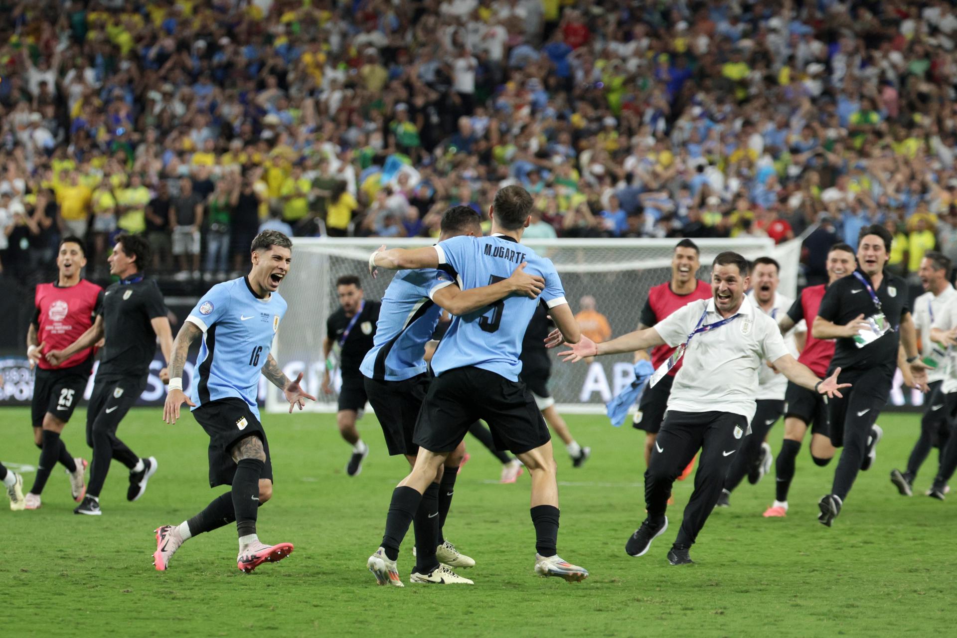 La selección de Uruguays dio un golpe de autoridad en la Copa América de Estados Unidos al eliminar a la de Brasil en partido de la fase de cuartos de final jugado el sábado en Las Vegas (Nevada). EFE/EPA/Allison Dinner
