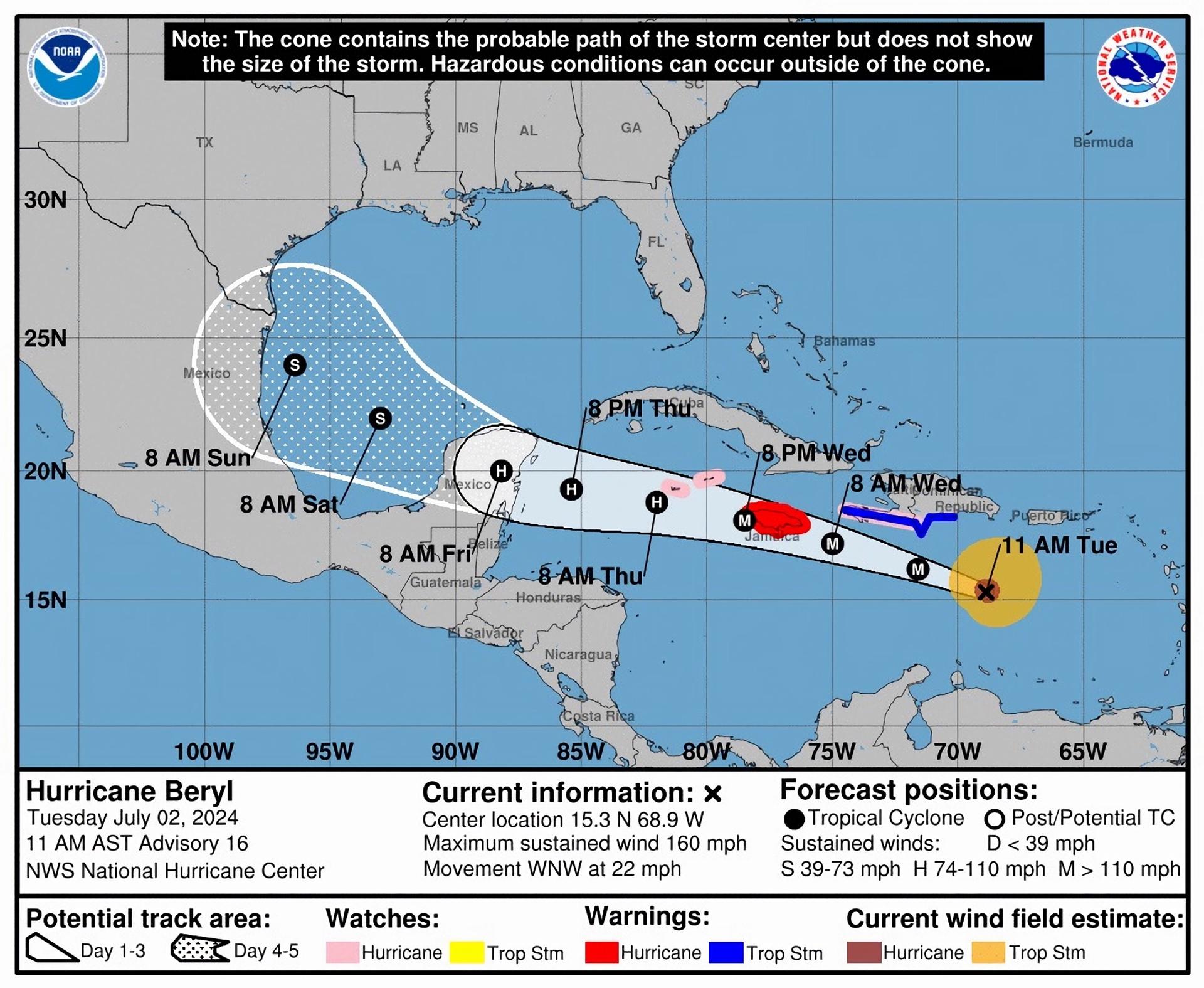 Imagen cedida por el Centro Nacional de Huracanes (NHC) estadounidense este martes donde se muestra el pronóstico de cinco días del paso del huracán Beryl en el Caribe. EFE/NHC /SOLO USO EDITORIAL /NO VENTAS /SOLO DISPONIBLE PARA ILUSTRAR LA NOTICIA QUE ACOMPAÑA /CRÉDITO OBLIGATORIO
