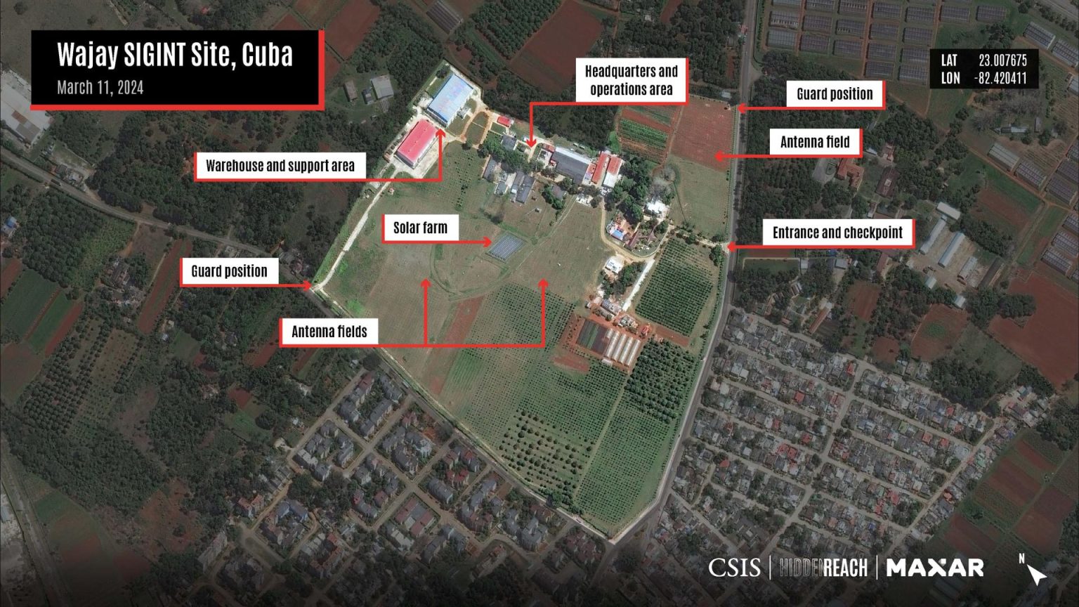 Captura de un documento del Centro de Estudios Estratégicos e Internacionales (CSIS) donde se muestra una imagen satelital de unas instalaciones de espionaje electrónico en una parte del barrio de Wajay de la capital La Habana en Cuba. EFE/ CSIS/HIDDEN REACH/MAXAR /SOLO USO EDITORIAL /NO VENTAS /SOLO DISPONIBLE PARA ILUSTRAR LA NOTICIA QUE ACOMPAÑA /CRÉDITO OBLIGATORIO A CSIS/HIDDEN REACH/MAXAR