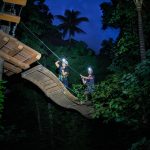 Fotografía cedida por The Trekking Group donde aparece dos personas mientras navegan entre árboles sobre tiras de madera durante su participación en la atracción nocturna 'Night Trek' ubicada en Jungle Island, el parque de ecoaventuras situado en la isla Watson de Miami, Florida. EFE/The Trekking Group /SOLO USO EDITORIAL /NO VENTAS /SOLO DISPONIBLE PARA ILUSTRAR LA NOTICIA QUE ACOMPAÑA /CRÉDITO OBLIGATORIO