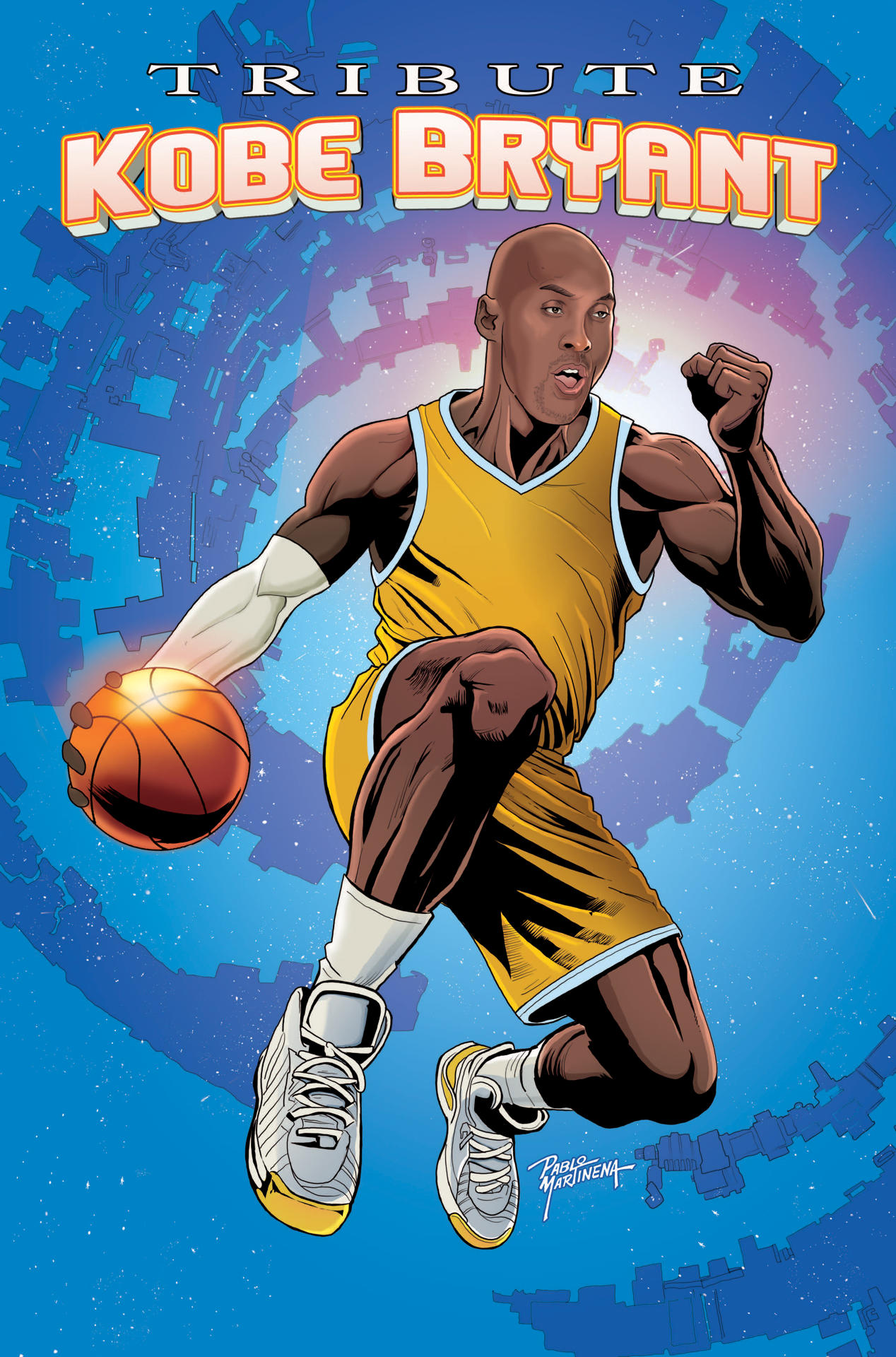 Imagen cedida por TidalWave Productions donde se muestra la portada del cómic dedicado a la estrella de baloncesto Kobe Bryant para la serie 'Tribute', que estará disponible a partir del miércoles 28 de agosto de 2024 en varias plataformas en formato digital e impreso. EFE/TidalWave Productions /SOLO USO EDITORIAL /NO VENTAS /SOLO DISPONIBLE PARA ILUSTRAR LA NOTICIA QUE ACOMPAÑA /CRÉDITO OBLIGATORIO