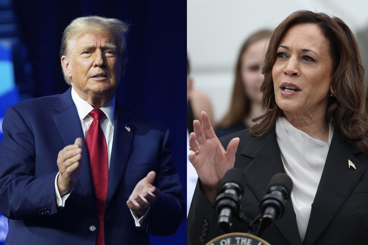 Combo de fotografías donde se observa al expresidente de los Estados Unidos Donald Trump y a la vicepresidenta estadounidense Kamala Harris. Archivo. EFE