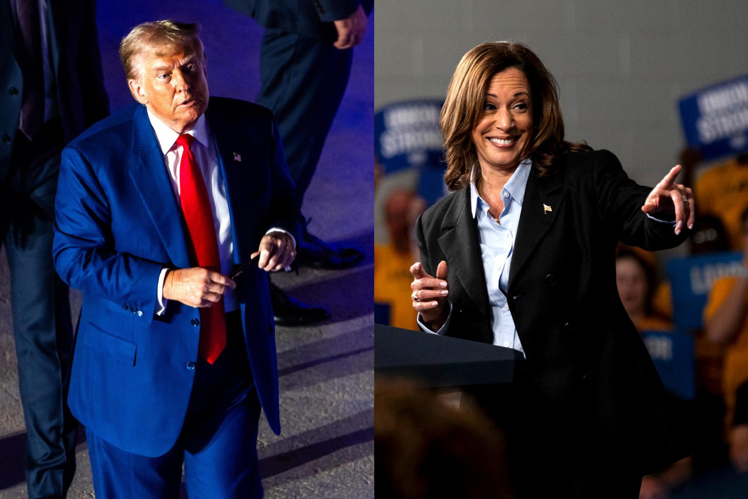 Combo de fotografías del ex presidente de los EE.UU. y actual candidato presidencial republicano, Donald Trump y la vicepresidenta de los EE.UU. y candidata presidencial demócrata, Kamala Harris. EFE/EPA/ Jim Lo Scalzo / Cydni Elledge