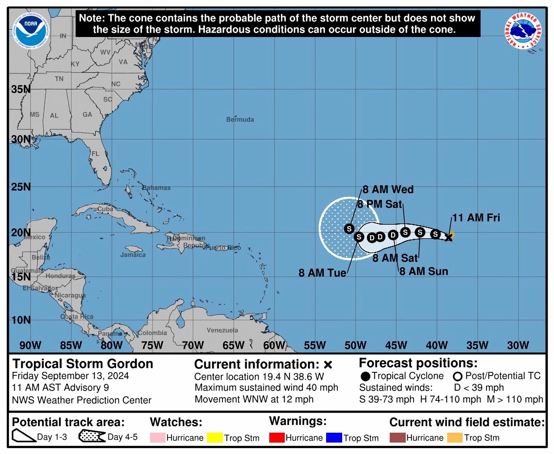 Fotografía cedida este viernes por el Centro Nacional de Huracanes (NHC) estadounidense donde se muestra el pronóstico de cinco días de la trayectoria de la tormenta tropical Gordon en el Atlántico (EE. UU). EFE/NHC /SOLO USO EDITORIAL /NO VENTAS /SOLO DISPONIBLE PARA ILUSTRAR LA NOTICIA QUE ACOMPAÑA /CRÉDITO OBLIGATORIO
