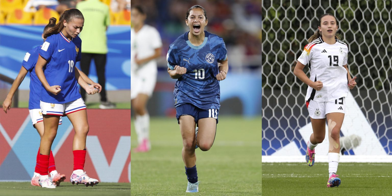 Combo de tres fotografías donde se ven las jugadoras Dona Scannapieco (i) de Francia, Fátima Acosta (c) de Paraguay y Loreen Bender de Alemania. EFE/ Mauricio Dueñas/ Ernesto Guzmán Jr./Carlos Ortega