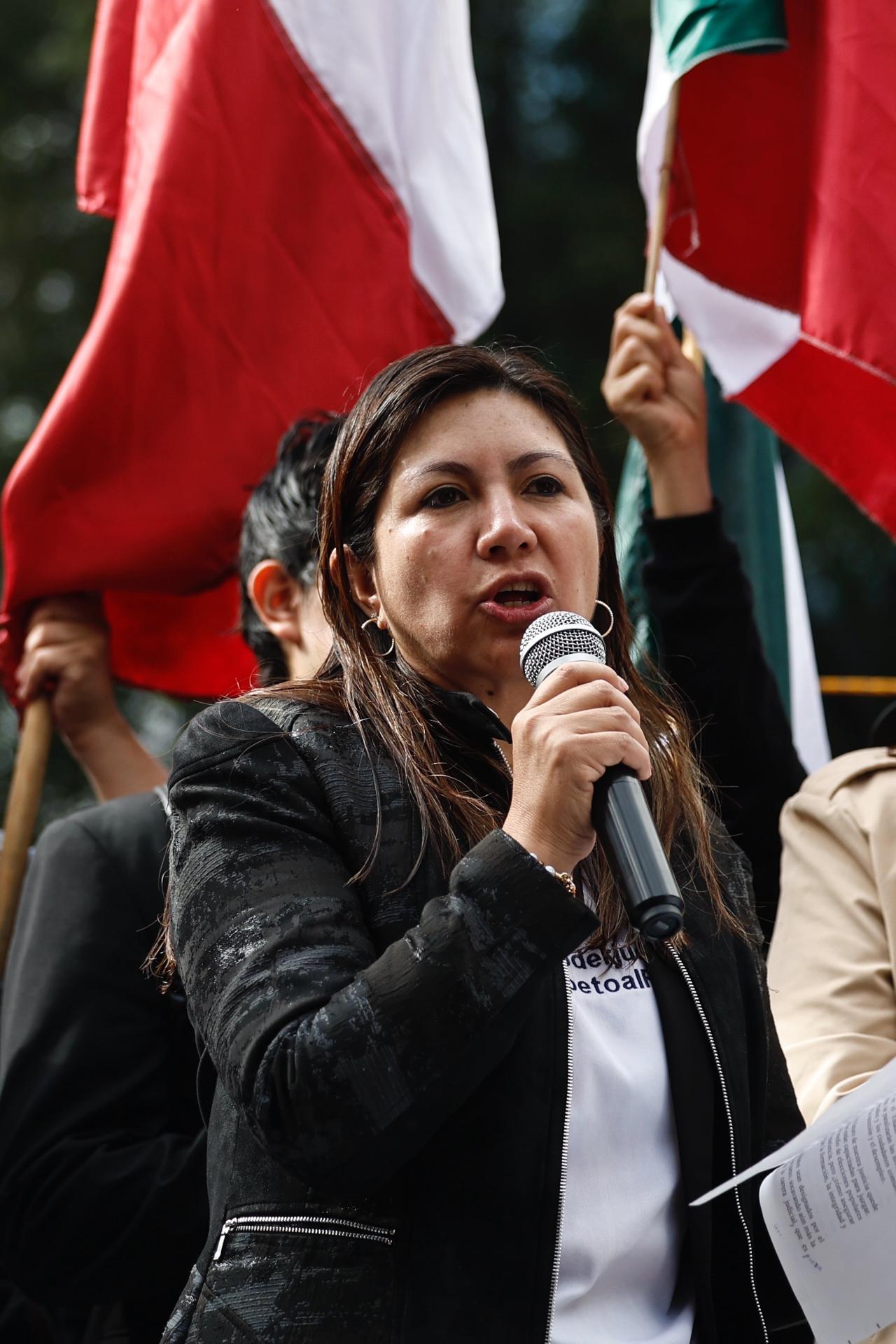 La directora nacional de la Asociación de Magistrados de Circuito y Jueces de Distrito del Poder Judicial de la Federación (JUFED), Juana Fuentes (c), habla durante una manifestación este miércoles, en los alrededores del Senado de la República, en Ciudad de México (México). EFE/ Sáshenka Gutiérrez
