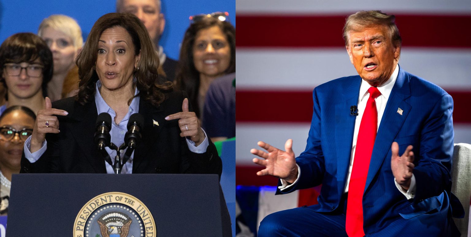 Combo de dos fotografías de la vicepresidenta estadounidense y candidata demócrata a la Casa Blanca, Kamala Harris (i), y su rival republicano, el expresidente Donald. EFE/ Rebecca Droke / Jim Lo Scalzo