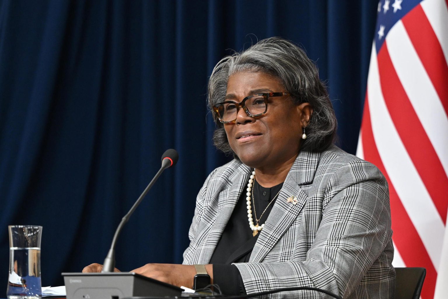 Fotografía de archivo del 17 de abril de 2024 de la embajadora de EE.UU. ante las Naciones Unidas, Linda Thomas-Greenfield, hablando durante una rueda de prensa en la Casa de la Diplomacia Americana en Seúl (Corea del Sur). EFE/ Jung Yeon-je / Pool