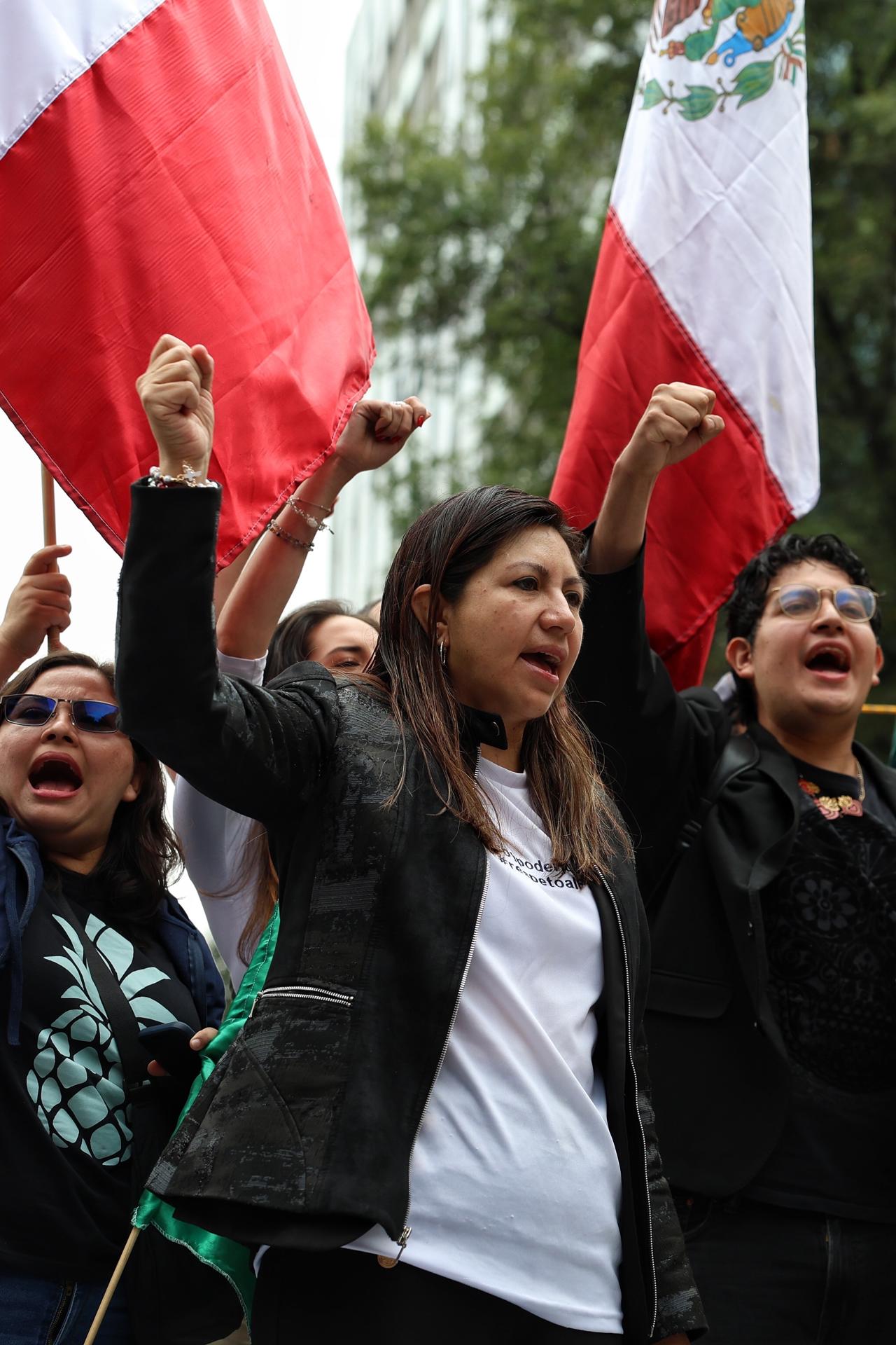 La directora nacional de la Asociación de Magistrados de Circuito y Jueces de Distrito del Poder Judicial de la Federación (JUFED), Juana Fuentes (c), asiste a una manifestación este miércoles, en los alrededores del Senado de la República, en Ciudad de México (México). EFE/ Sáshenka Gutiérrez
