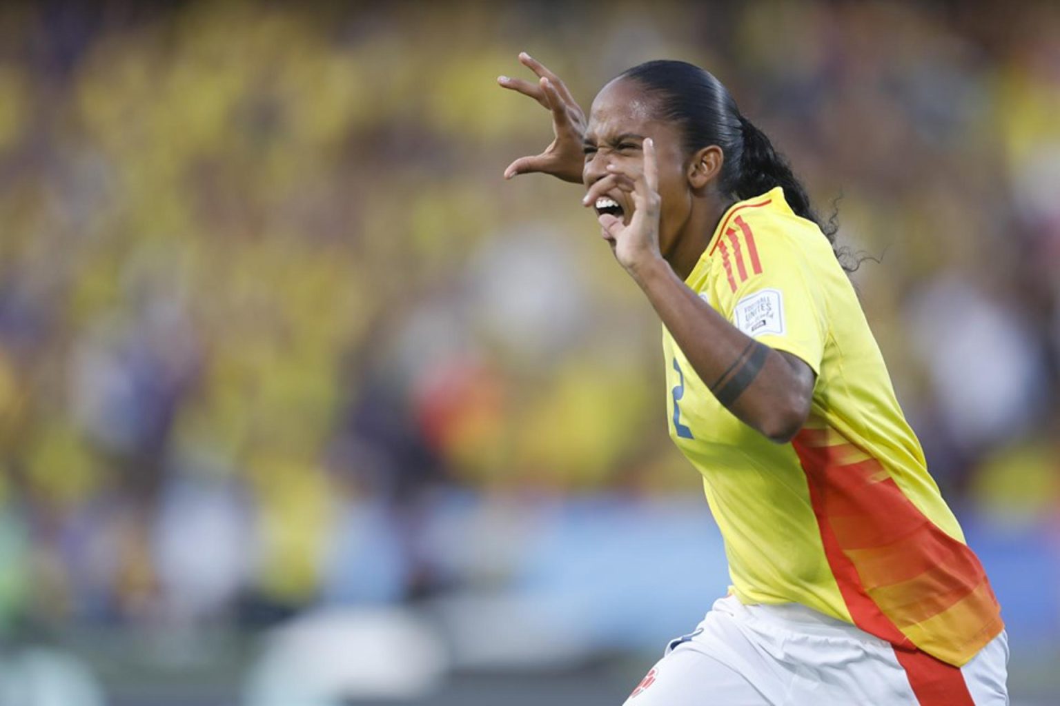 Mary Álvarez de Colombia celebra su gol en un partido del grupo A de la Copa Mundial Femenina sub-20. EFE/ Luis Eduardo Noriega Arboleda