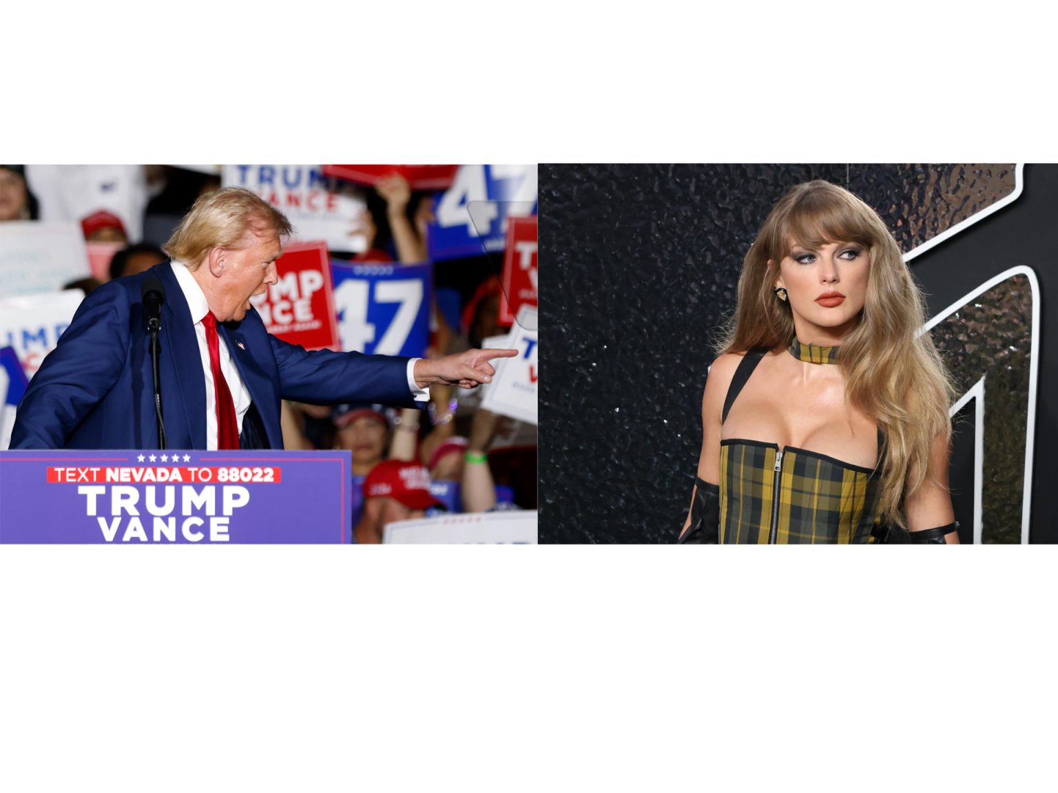 Combo de fotografías que muestra al candidato republicano Donald Trump (i) en un mitin de campaña en la Expo en el World Market Center en Las Vegas el pasado viernes y la cantante Taylor Swift posando durante la alfombra roja de los MTV Video Music Awards 2024, en el UBS Arena el pasado miércoles, en Nueva York (EE.UU.). EFE/Bizuayehu Tesfaye y Octavio Guzmán