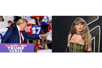 Combo de fotografías que muestra al candidato republicano Donald Trump (i) en un mitin de campaña en la Expo en el World Market Center en Las Vegas el pasado viernes y la cantante Taylor Swift posando durante la alfombra roja de los MTV Video Music Awards 2024, en el UBS Arena el pasado miércoles, en Nueva York (EE.UU.). EFE/Bizuayehu Tesfaye y Octavio Guzmán