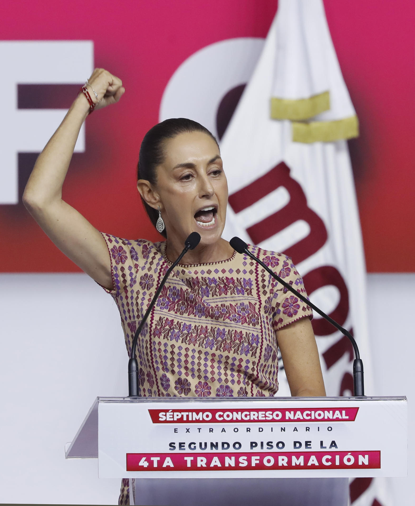 La presidenta electa de México, Claudia Sheinbaum, habla durante en el VII Congreso Nacional Extraordinario de Morena este domingo, en la Ciudad de México (México). EFE/Mario Guzmán
