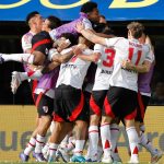 Jugadores de River celebran un gol en un partido de la fecha 15 de la Primera División entre Boca Juniors y River Plate. EFE/ Juan Ignacio Roncoroni